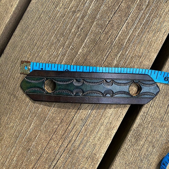 Barrette HANDMADE Leather Artisan Ponytail Holder Hairpin Stamped Brown Green - Picture 6 of 7